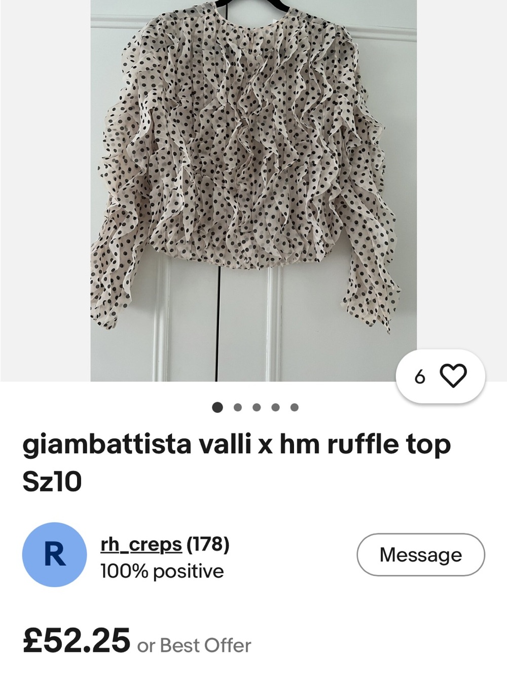 Brand New Giambattista Valli x H&M Beige Polka Dot Ruffle Blouse